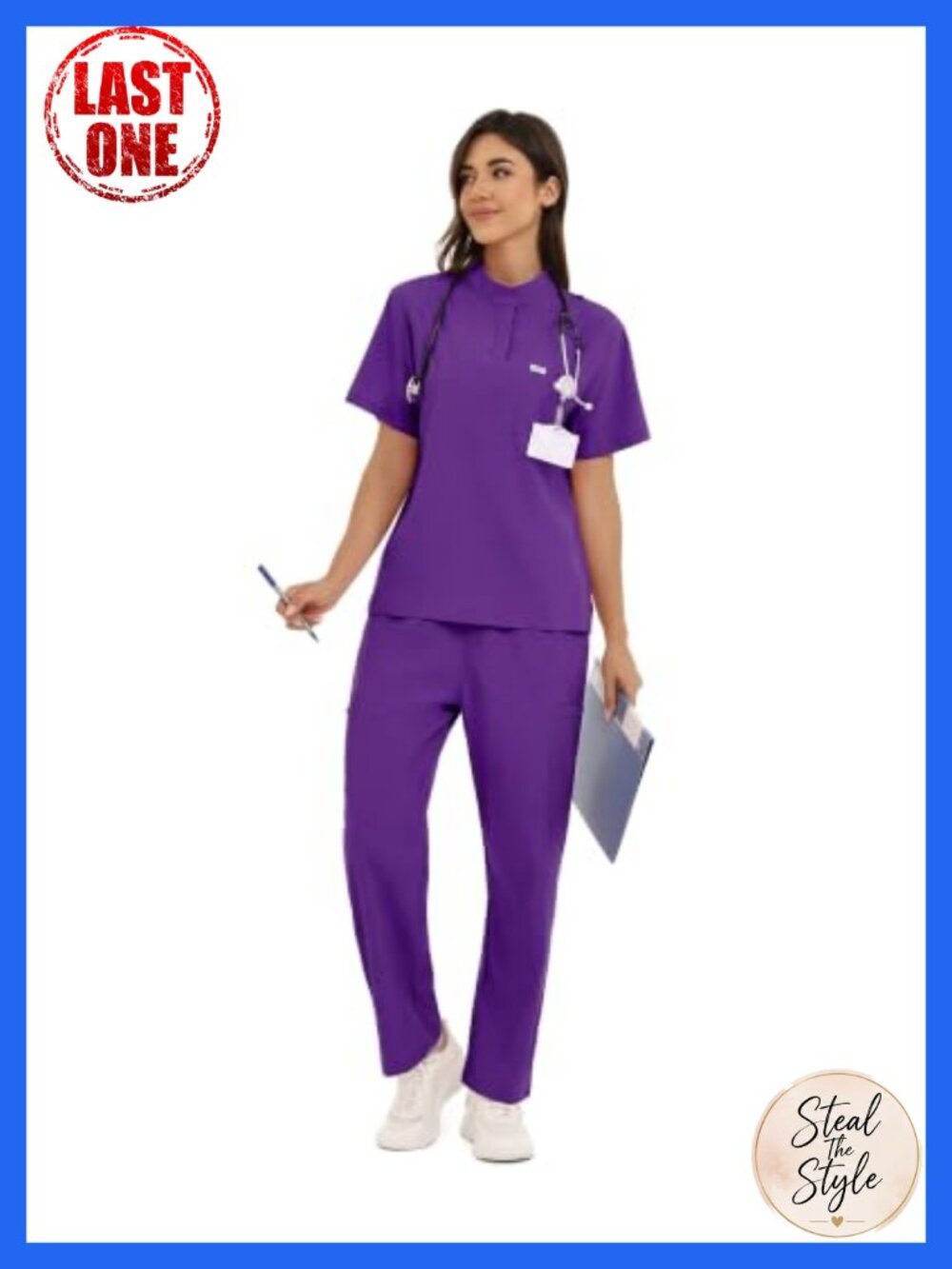 Women's Medical Scrub Set Short Sleeve Stand Collar 7 Pocket Fluid Resistant